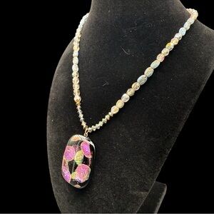 Sterling Silver925 Pink and Gold Dichroic Borealis Crystal Bead Pendant Necklace